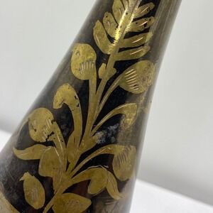 Vintage Etched Brass Bud Vase Floral Design Scalloped Rim Dark Patina 8 Inch